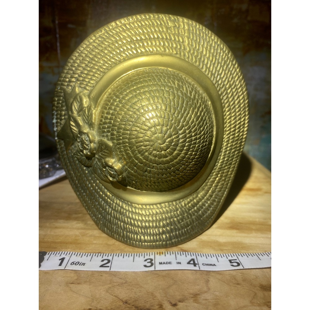 Vintage Solid Brass Sun Hat Bookends Woven Floral Straw Hat Decor Pair Heavy - Picture 6 of 7